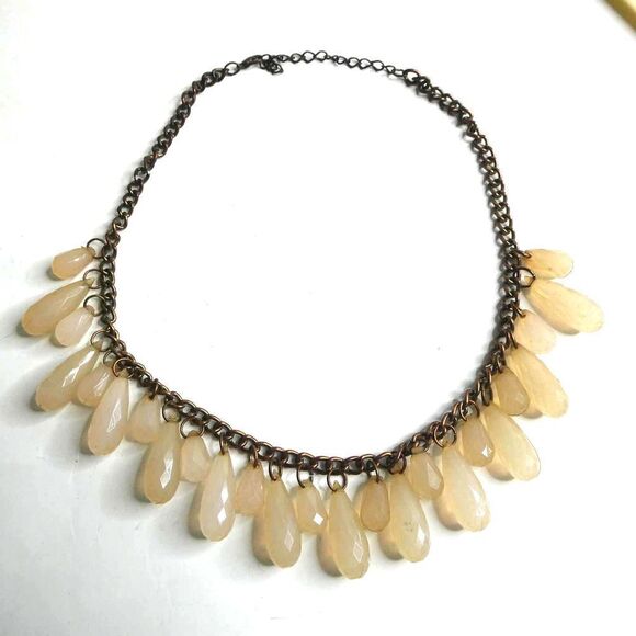 Bronze Tone Teardrop Faceted Faux Stone Bib Statement Necklace Boho Dangle Cream - Picture 1 of 8